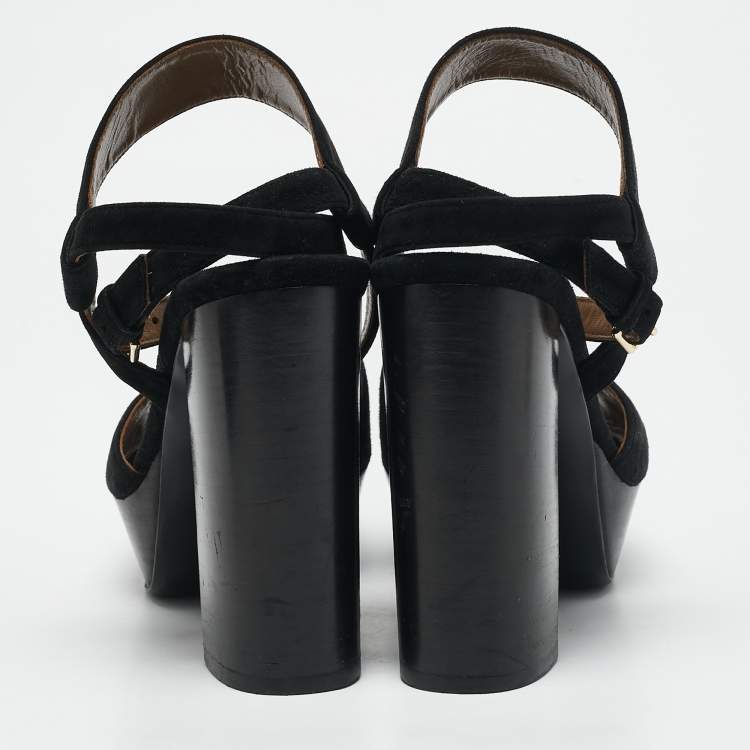 Pre Owned Hermes Black Suede Ankle Strap Platform Sandals Size 38