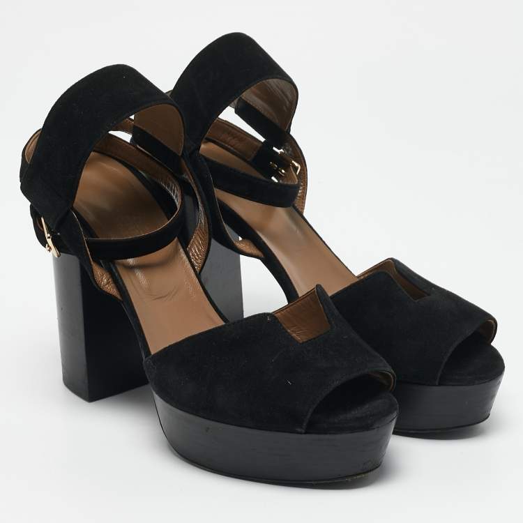 Pre Owned Hermes Black Suede Ankle Strap Platform Sandals Size 38
