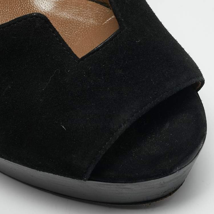 Pre Owned Hermes Black Suede Ankle Strap Platform Sandals Size 38