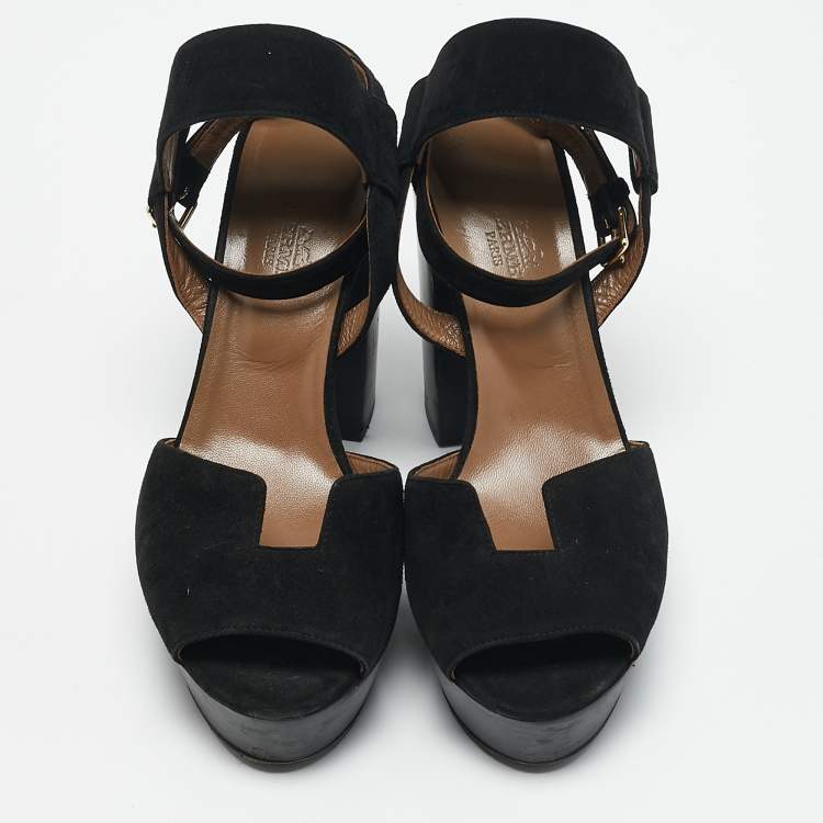Pre Owned Hermes Black Suede Ankle Strap Platform Sandals Size 38