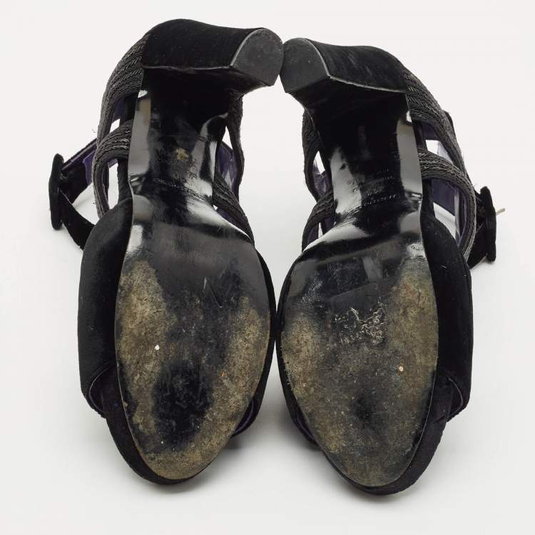 Pre Owned Hermes Black Velvet Platform  Ankle Strap Sandals Size 40