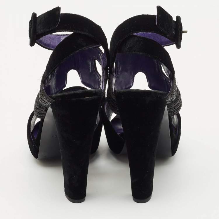 Pre Owned Hermes Black Velvet Platform  Ankle Strap Sandals Size 40