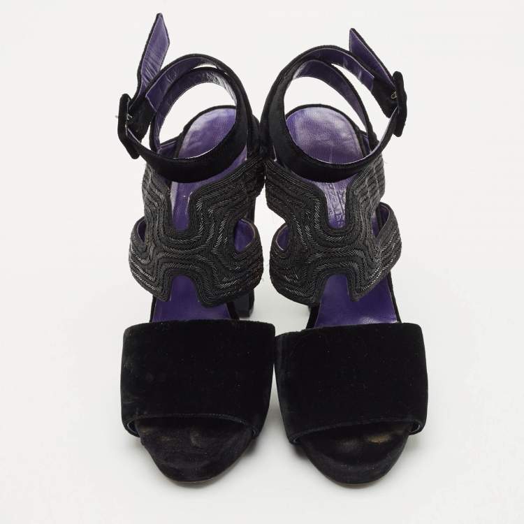 Pre Owned Hermes Black Velvet Platform  Ankle Strap Sandals Size 40
