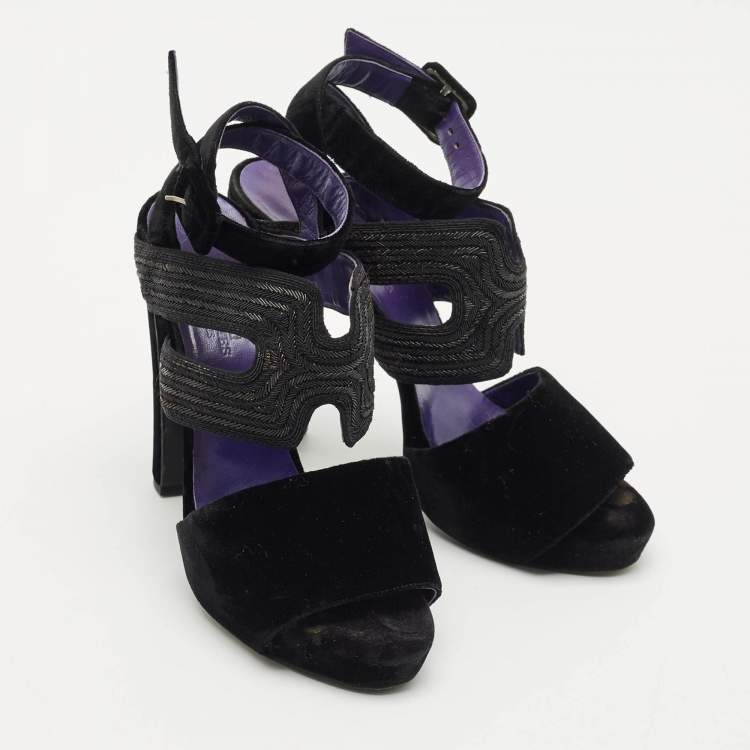 Pre Owned Hermes Black Velvet Platform  Ankle Strap Sandals Size 40