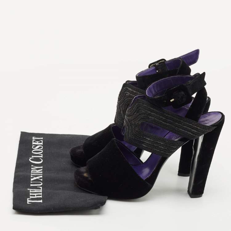 Pre Owned Hermes Black Velvet Platform  Ankle Strap Sandals Size 40