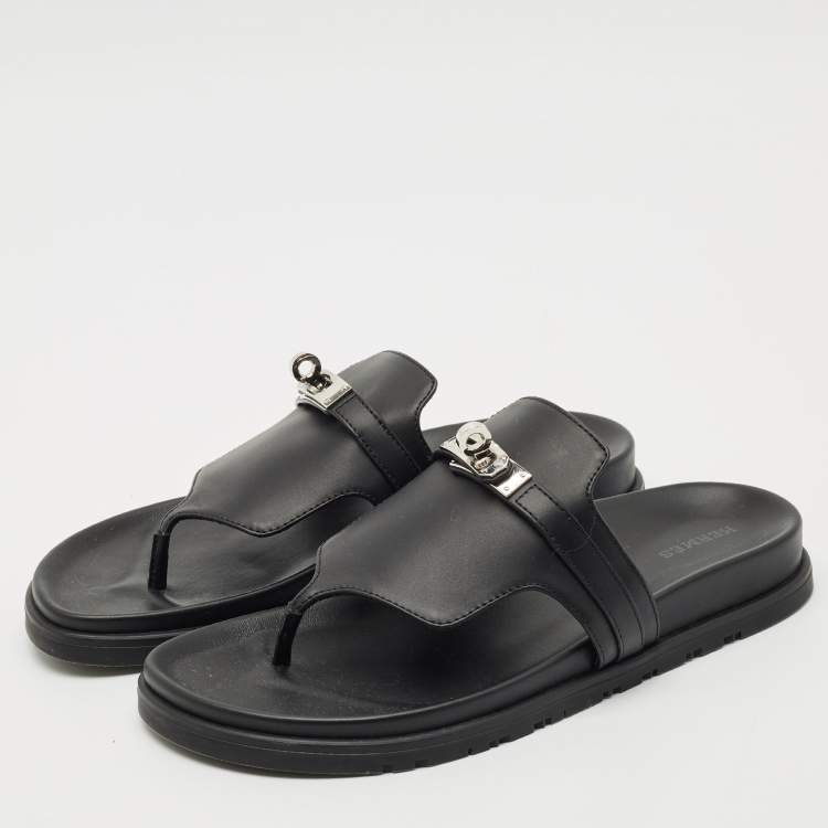 Pre Owned Hermes Black Leather Empire Sandals Size 39
