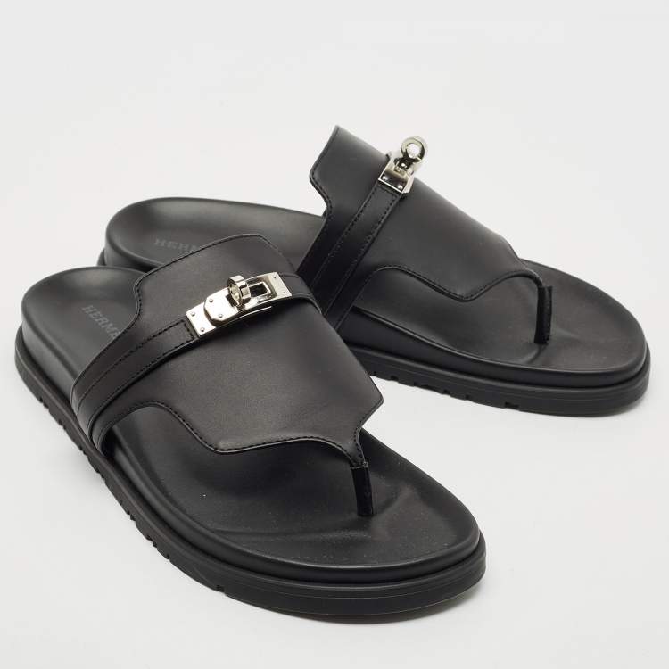 Pre Owned Hermes Black Leather Empire Sandals Size 39
