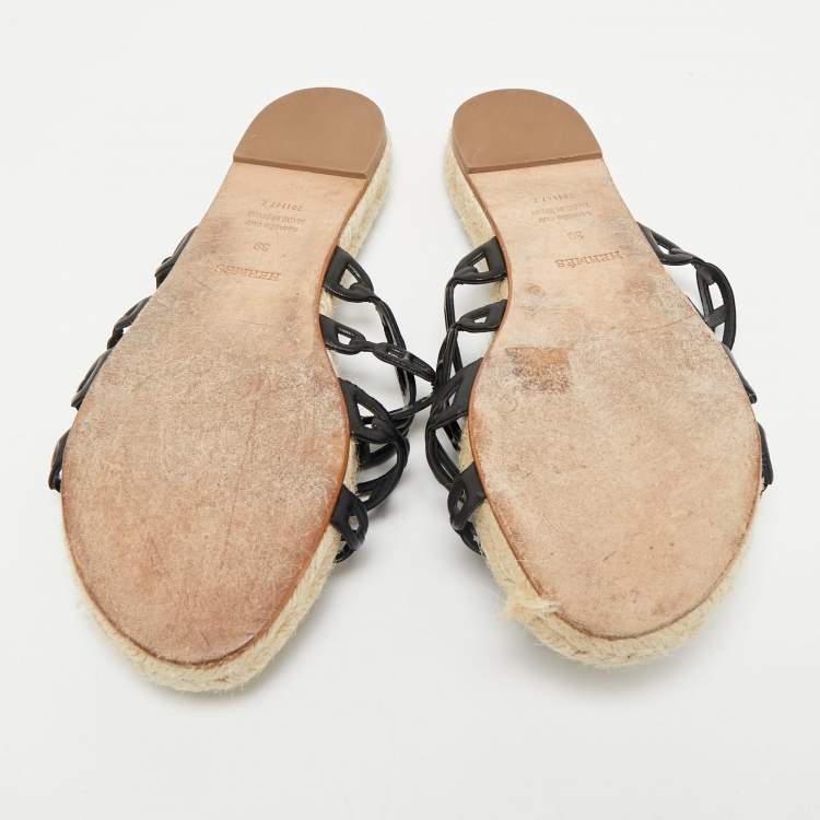 Pre Owned Hermes Black Leather Ancone Espadrille Flats Size 39