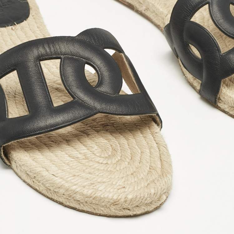 Pre Owned Hermès Black Leather Famosa Espradrille Flats Size 37