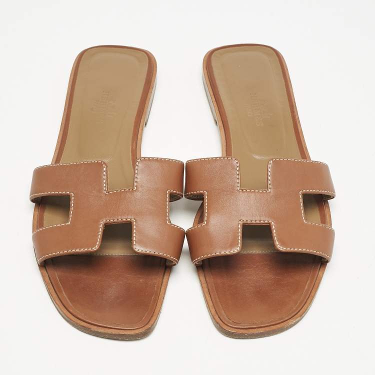 Pre Owned Hermes Brown Leather Oran Sandals Size 37.5