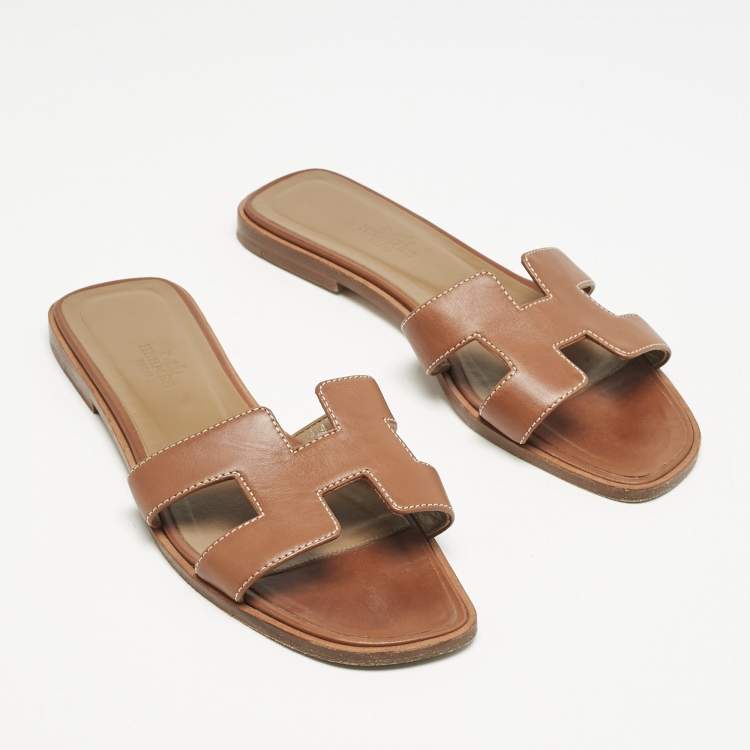 Pre Owned Hermes Brown Leather Oran Sandals Size 37.5