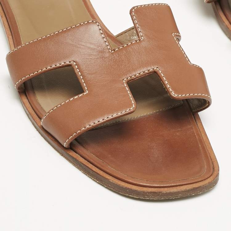 Pre Owned Hermes Brown Leather Oran Sandals Size 37.5