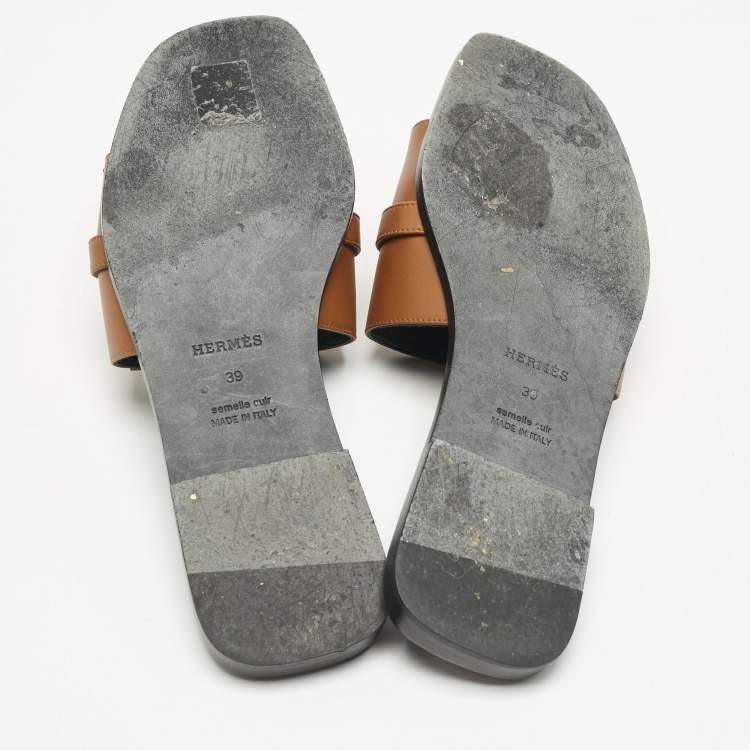 Pre Owned Hermes Brown Leather Giulia Flat Slides Size 39
