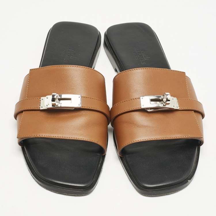 Pre Owned Hermes Brown Leather Giulia Flat Slides Size 39