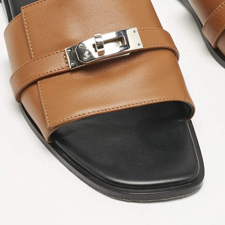 Pre Owned Hermes Brown Leather Giulia Flat Slides Size 39