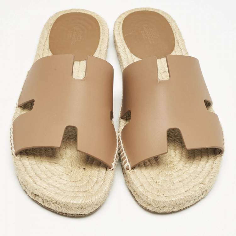 Pre Owned Hermes Brown Leather Antigua Espadrille Flat Sandals Size 41