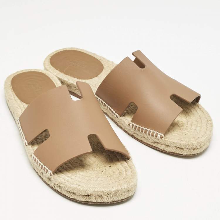 Pre Owned Hermes Brown Leather Antigua Espadrille Flat Sandals Size 41