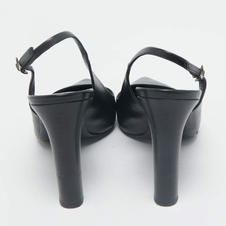 Pre Owned Hermes Black Leather Pointed Toe Slingback Pumps Size 38