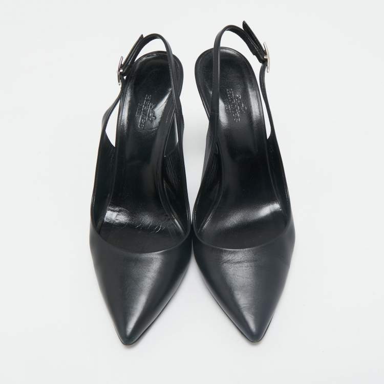 Pre Owned Hermes Black Leather Pointed Toe Slingback Pumps Size 38