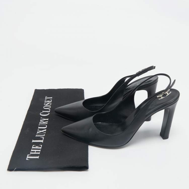 Pre Owned Hermes Black Leather Pointed Toe Slingback Pumps Size 38