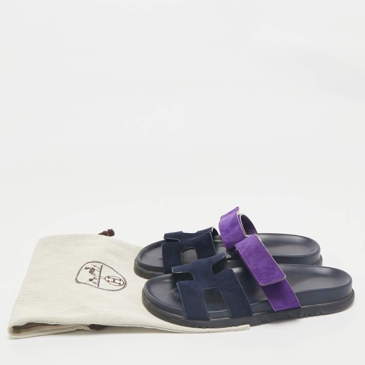 Pre Owned Hermes Navy Blue/Purple Suede Chypre Sandals Size 38