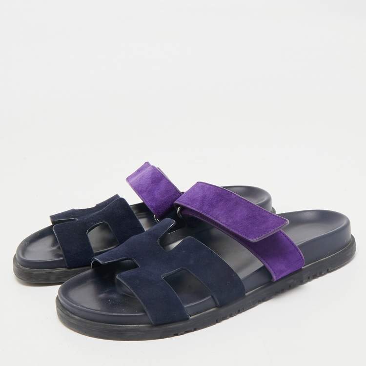Pre Owned Hermes Navy Blue/Purple Suede Chypre Sandals Size 38