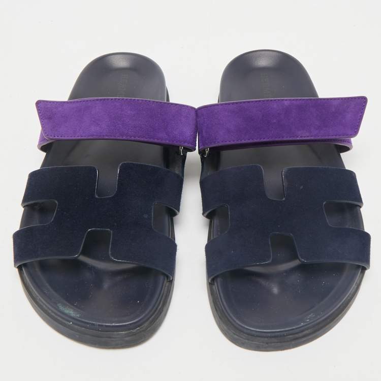 Pre Owned Hermes Navy Blue/Purple Suede Chypre Sandals Size 38