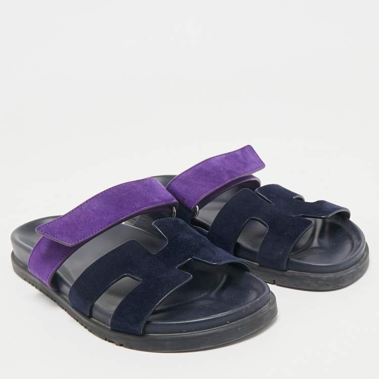 Pre Owned Hermes Navy Blue/Purple Suede Chypre Sandals Size 38