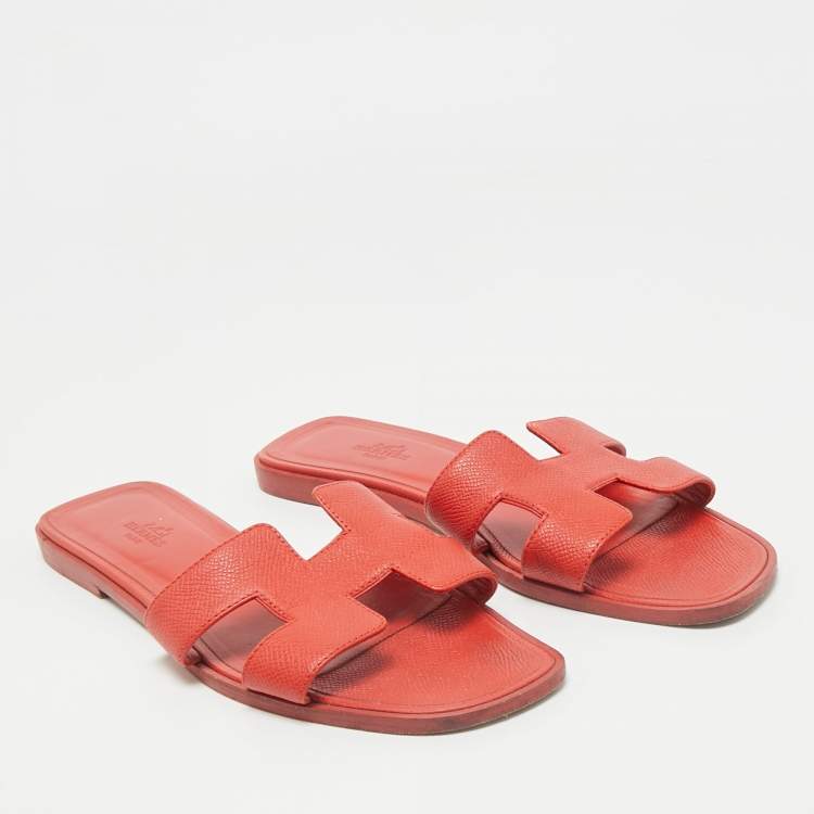 Pre Owned Hermes Orange Leather Oran Flat Slide Sandals Size 39