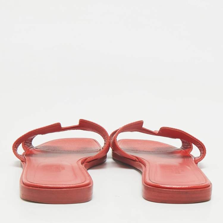 Pre Owned Hermes Orange Leather Oran Flat Slide Sandals Size 39