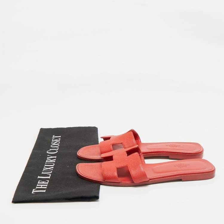Pre Owned Hermes Orange Leather Oran Flat Slide Sandals Size 39