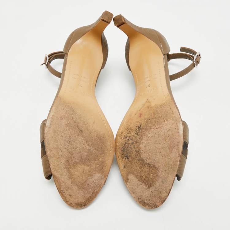 Pre Owned Hermes Taupe Brown Leather Premiere Ankle Strap Sandals Size 37