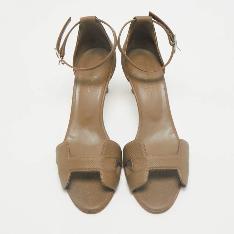 Pre Owned Hermes Taupe Brown Leather Premiere Ankle Strap Sandals Size 37