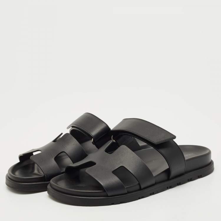 Pre Owned Hermes Black Leather Chypre Sandals Size 37.5