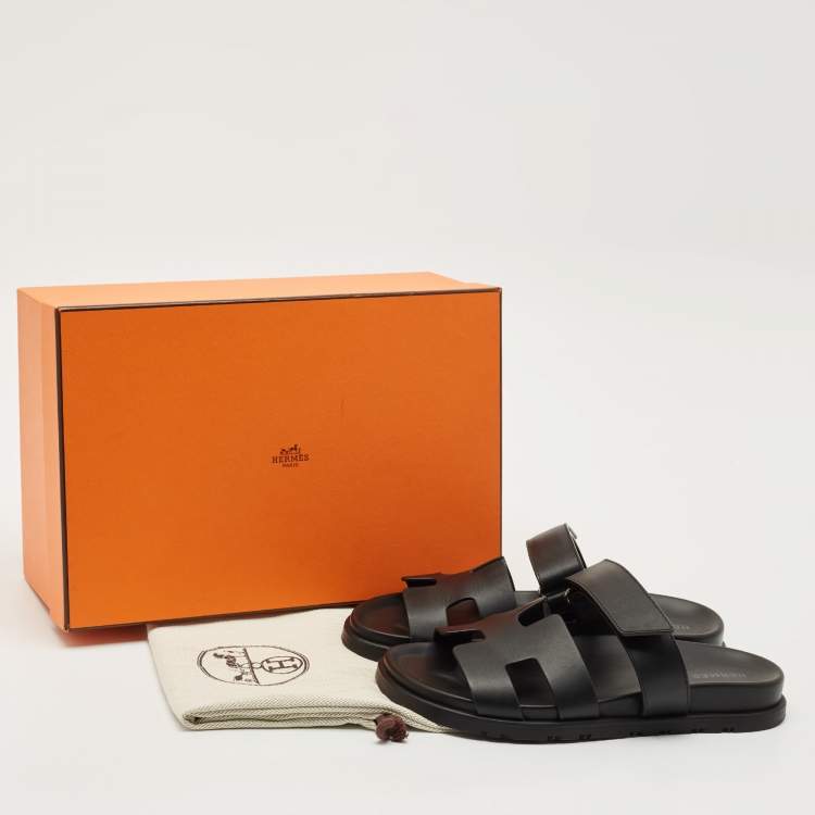 Pre Owned Hermes Black Leather Chypre Sandals Size 37.5