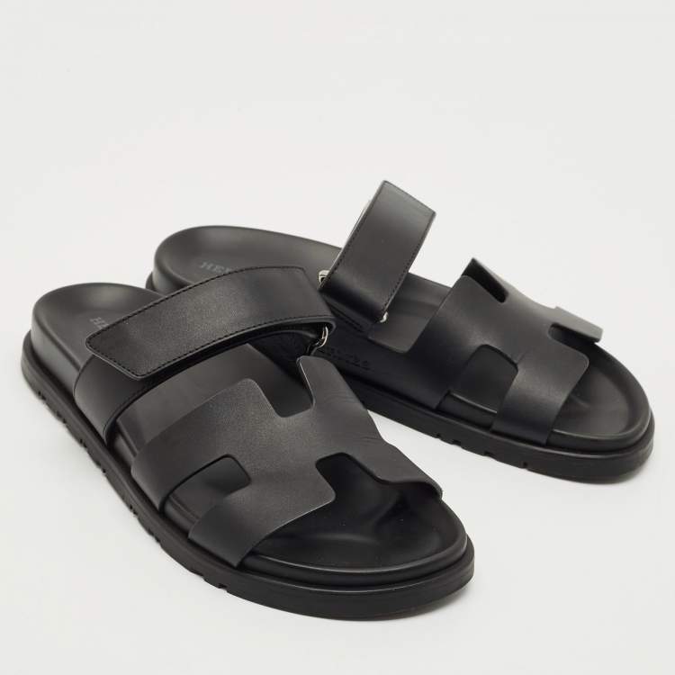 Pre Owned Hermes Black Leather Chypre Sandals Size 37.5