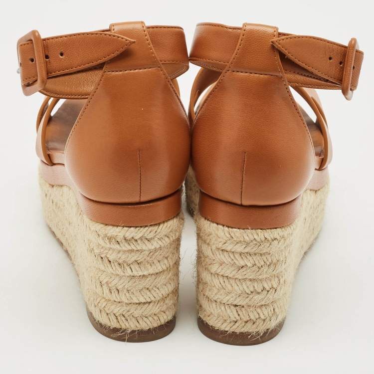 Pre Owned Hermes Brown Leather Elda Espadrille Wedge Sandals Size 38