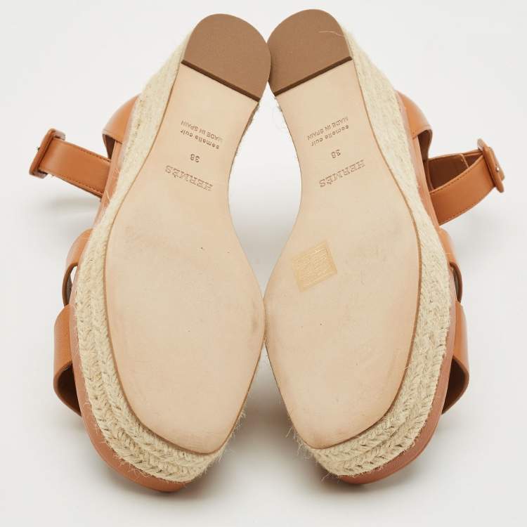 Pre Owned Hermes Brown Leather Elda Espadrille Wedge Sandals Size 38