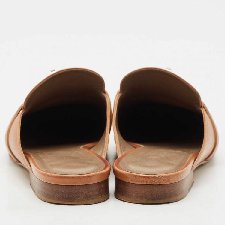 Pre Owned Hermes Naturel Leather Oz Flat Mules Size 38