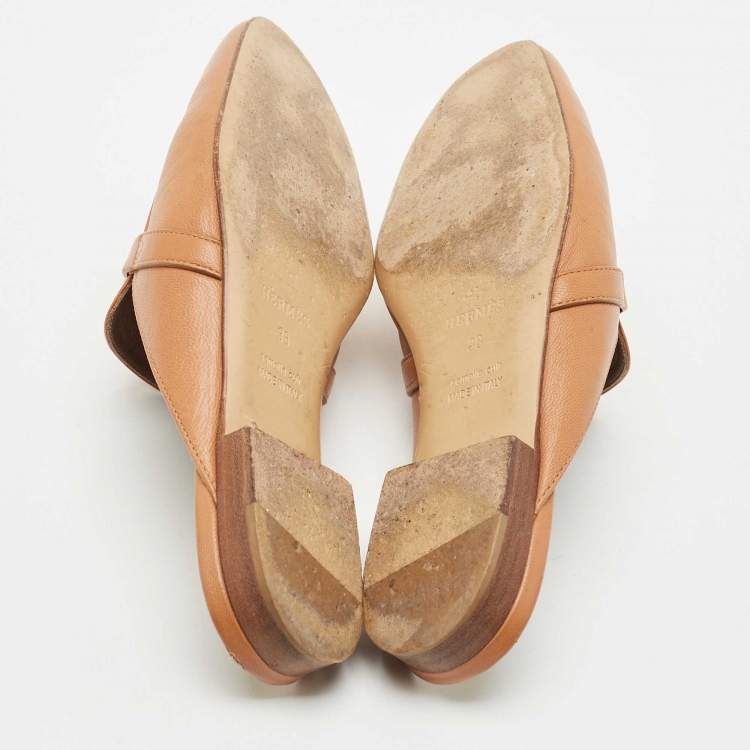 Pre Owned Hermes Naturel Leather Oz Flat Mules Size 38