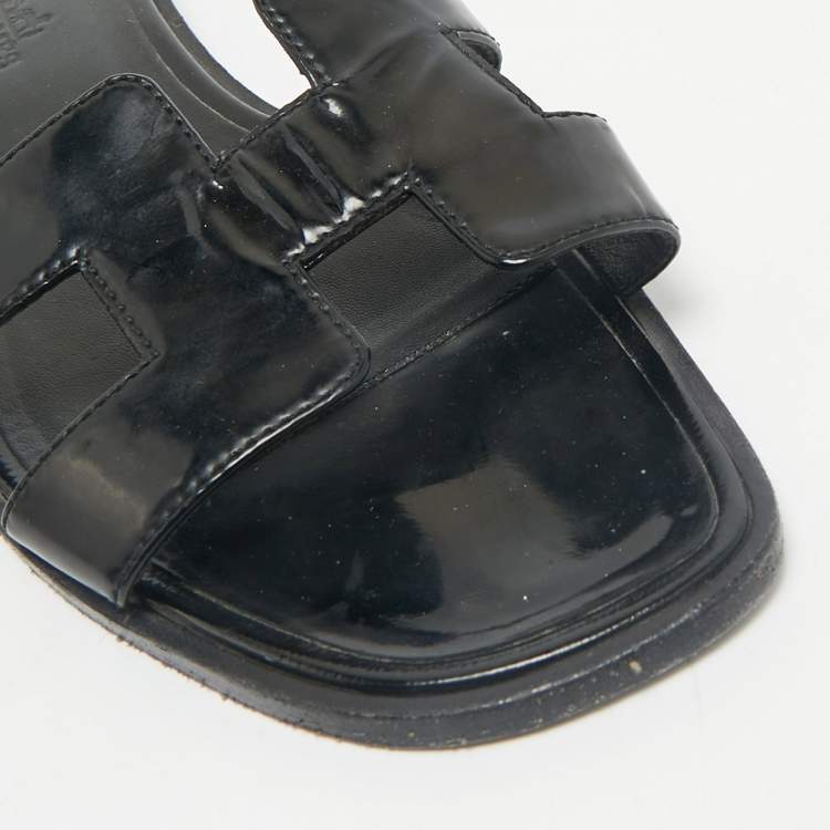 Pre Owned Hermes Black Patent Leather Oran Flat Slides Size 37.5