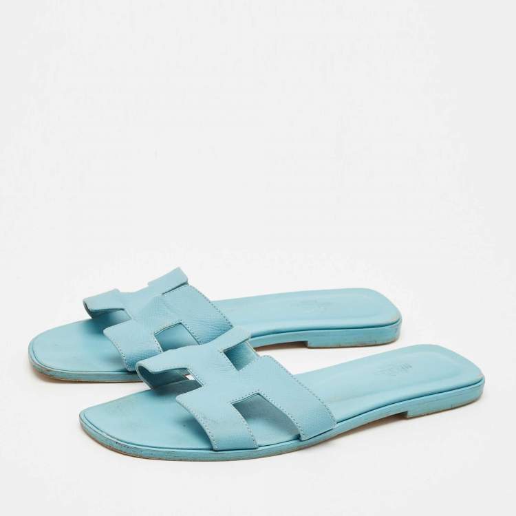 Pre Owned Hermes Blue Leather Oran Flat Slide Sandals Size 40