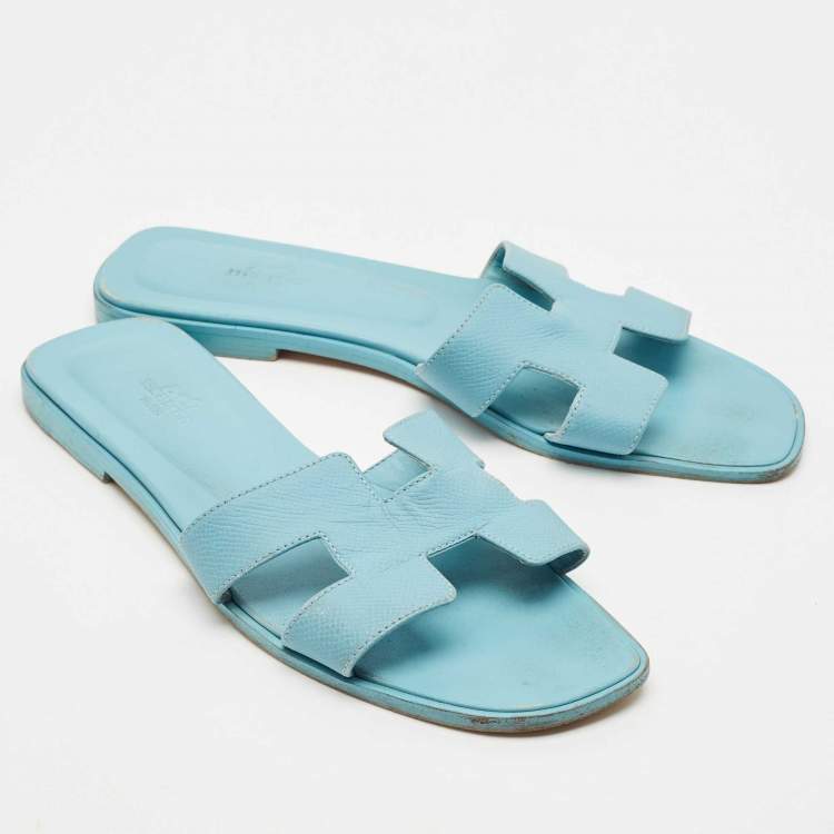 Pre Owned Hermes Blue Leather Oran Flat Slide Sandals Size 40
