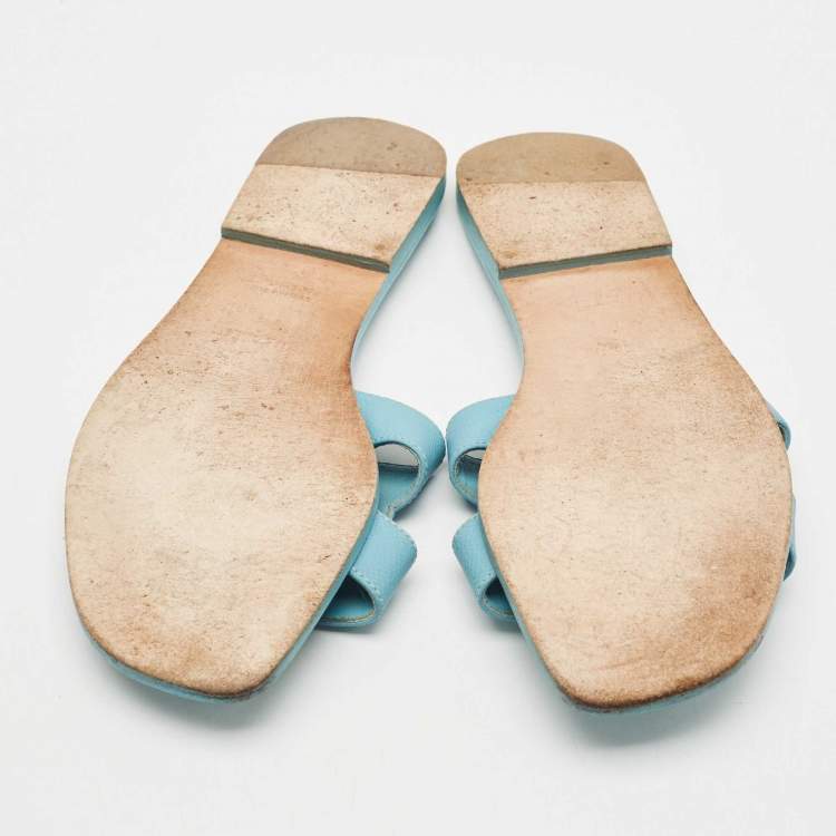 Pre Owned Hermes Blue Leather Oran Flat Slide Sandals Size 40
