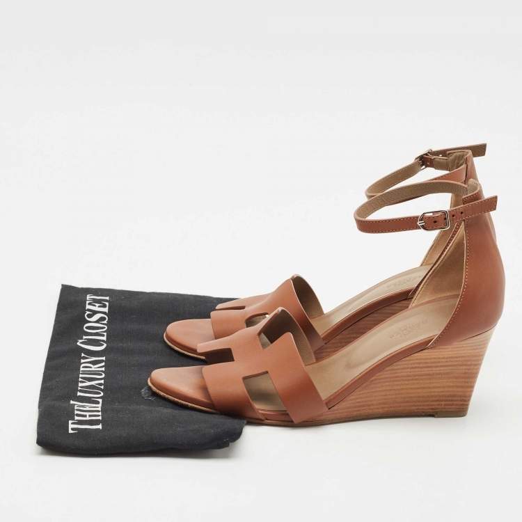 Pre Owned Hermes Brown Leather Legend Ankle Strap Wedge Sandals Size 39