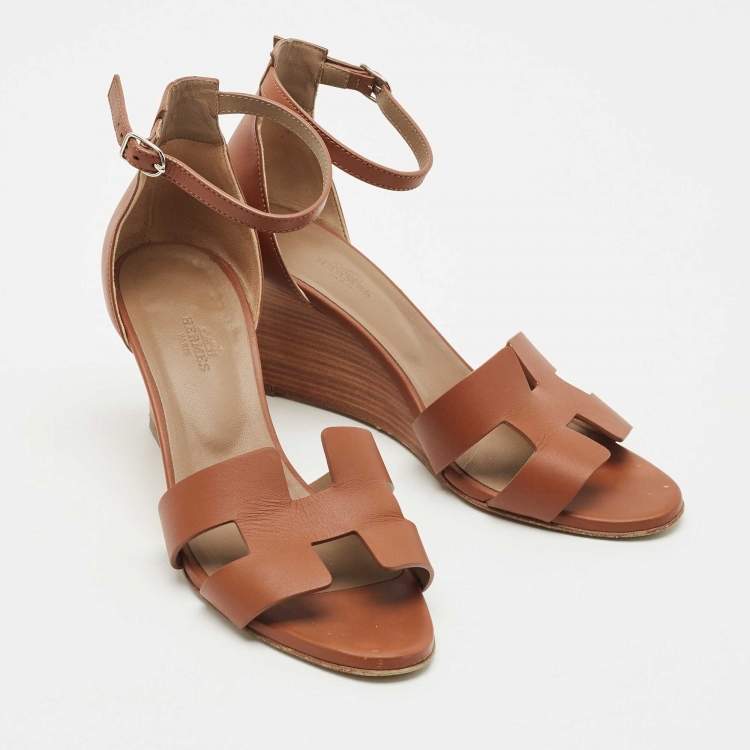 Pre Owned Hermes Brown Leather Legend Ankle Strap Wedge Sandals Size 39
