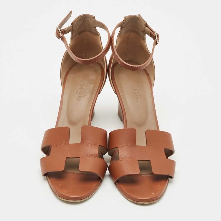 Pre Owned Hermes Brown Leather Legend Ankle Strap Wedge Sandals Size 39