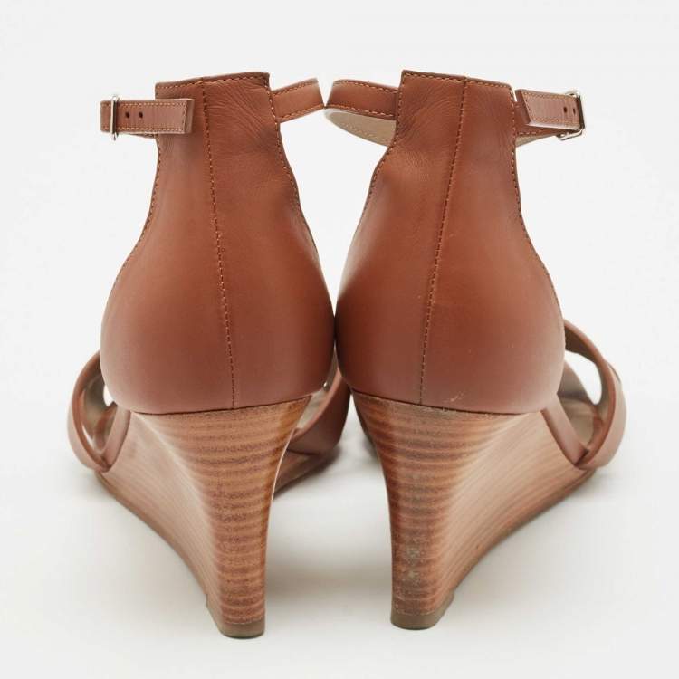 Pre Owned Hermes Brown Leather Legend Ankle Strap Wedge Sandals Size 39