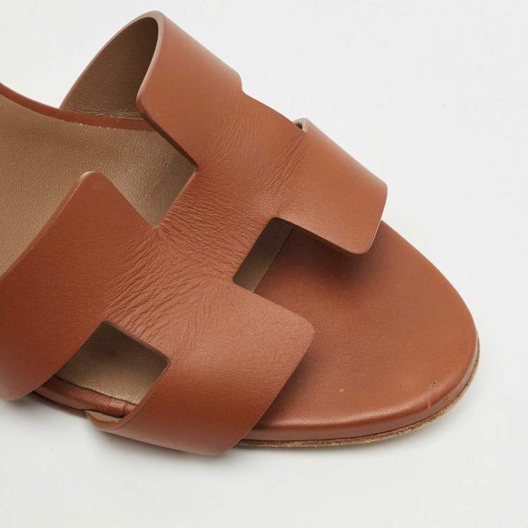 Pre Owned Hermes Brown Leather Legend Ankle Strap Wedge Sandals Size 39