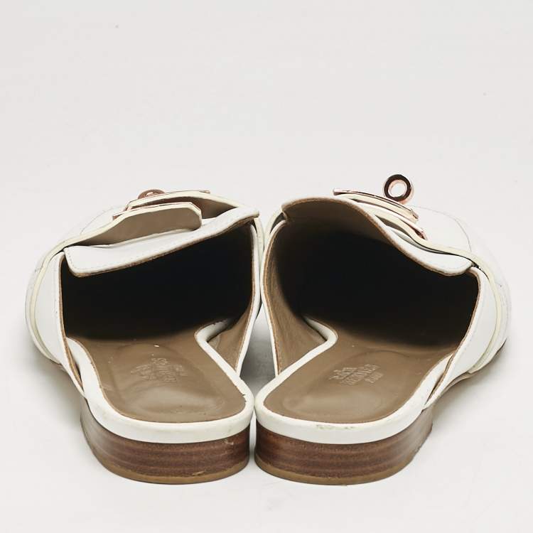 Pre Owned Hermes White Leather Oz Flat Mules Size 39